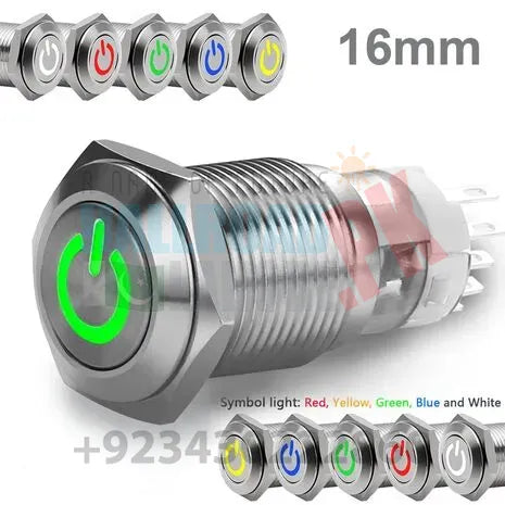 16mm Water Proof Metal Power Switch With Light Push On Push Off Spdt