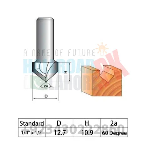 1/2-Inch Cutting Dia 90 Degree Carbide Tipped 2-Flute CNC V-Groove Router Bit w 1/4-Inch Shank In Pakistan