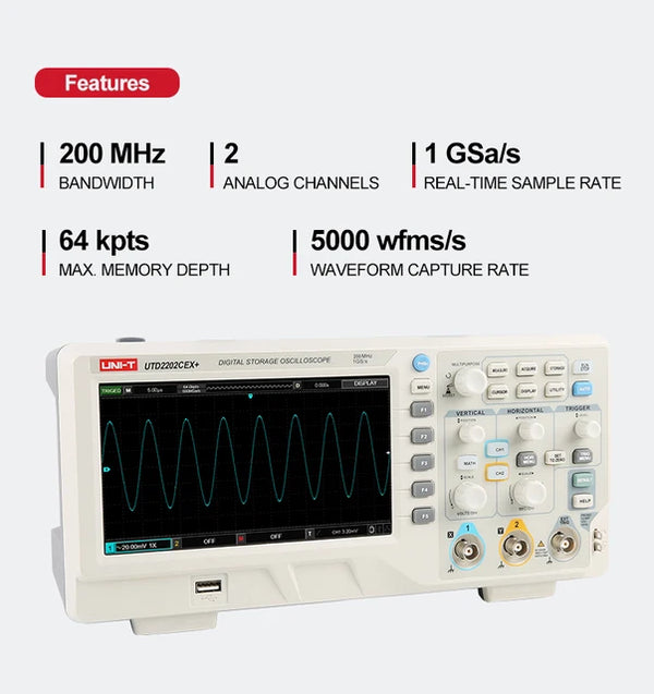 UNI-T UTD2202CEX+ Digital Oscilloscope USB Dual Channel 200Mhz 1G Sampling Rate High Voltage Probe PC LCD Portable Oscilloscope in Pakistan