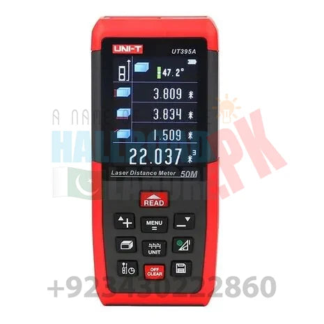 UNIT UT395A Professional 50M Laser Distance Meter Triangle Area Continuous Measure Rangefinder with Data Storage USB Connector + Color LCD Display